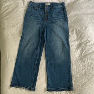 Madewell wide leg crop jeans; button front, raw hem